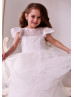 Cap Sleeve Ivory Lace Tulle Tea Length Flower Girl Dress